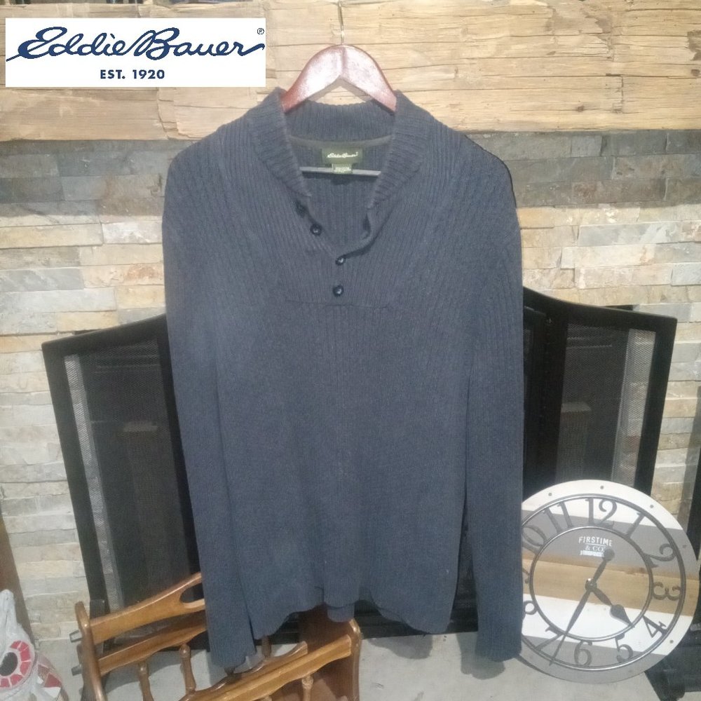 Eddie Bauer Half Button Knitted Blue Cotton Med Sweater